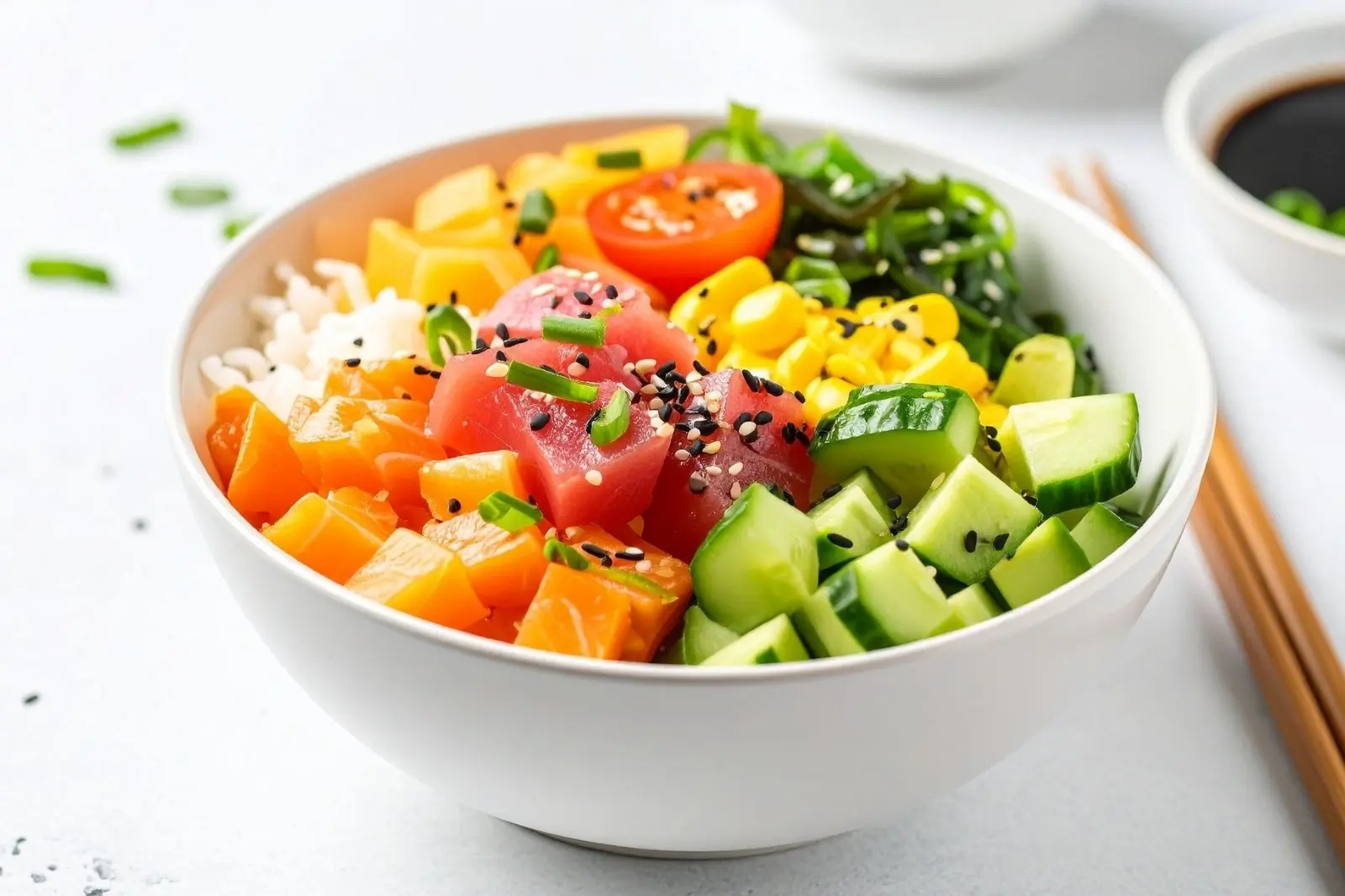 Poke bowl with salmon, tuna, corn and cucumber at Umai, a Asian Fusion Restaurant in Keizer